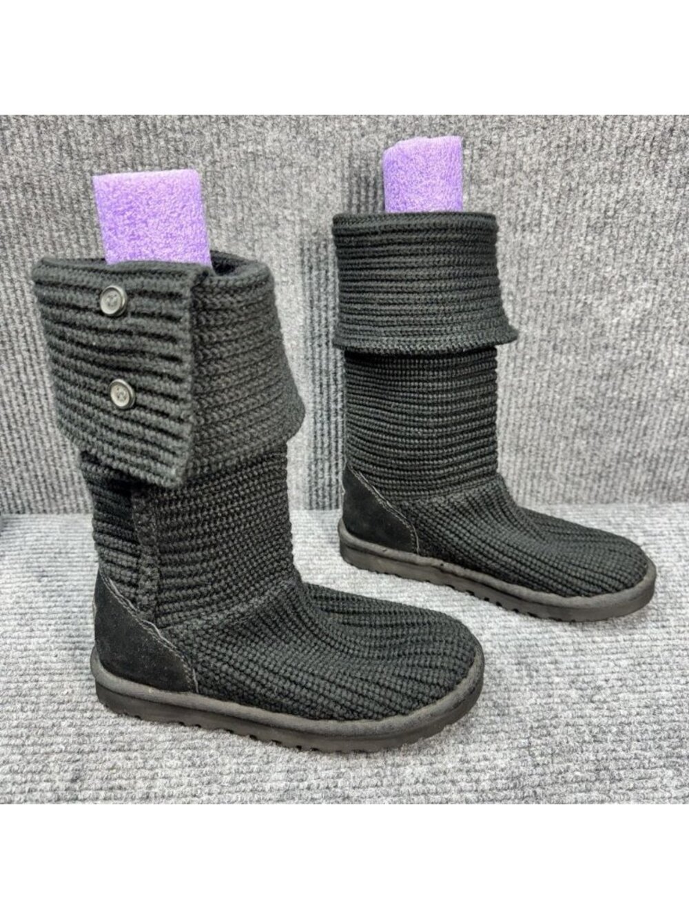 UGG Australia Classic Cardy Knit Boots Womens 7 Black Foldover Tall Sweater 5819 - Picture 1 of 11